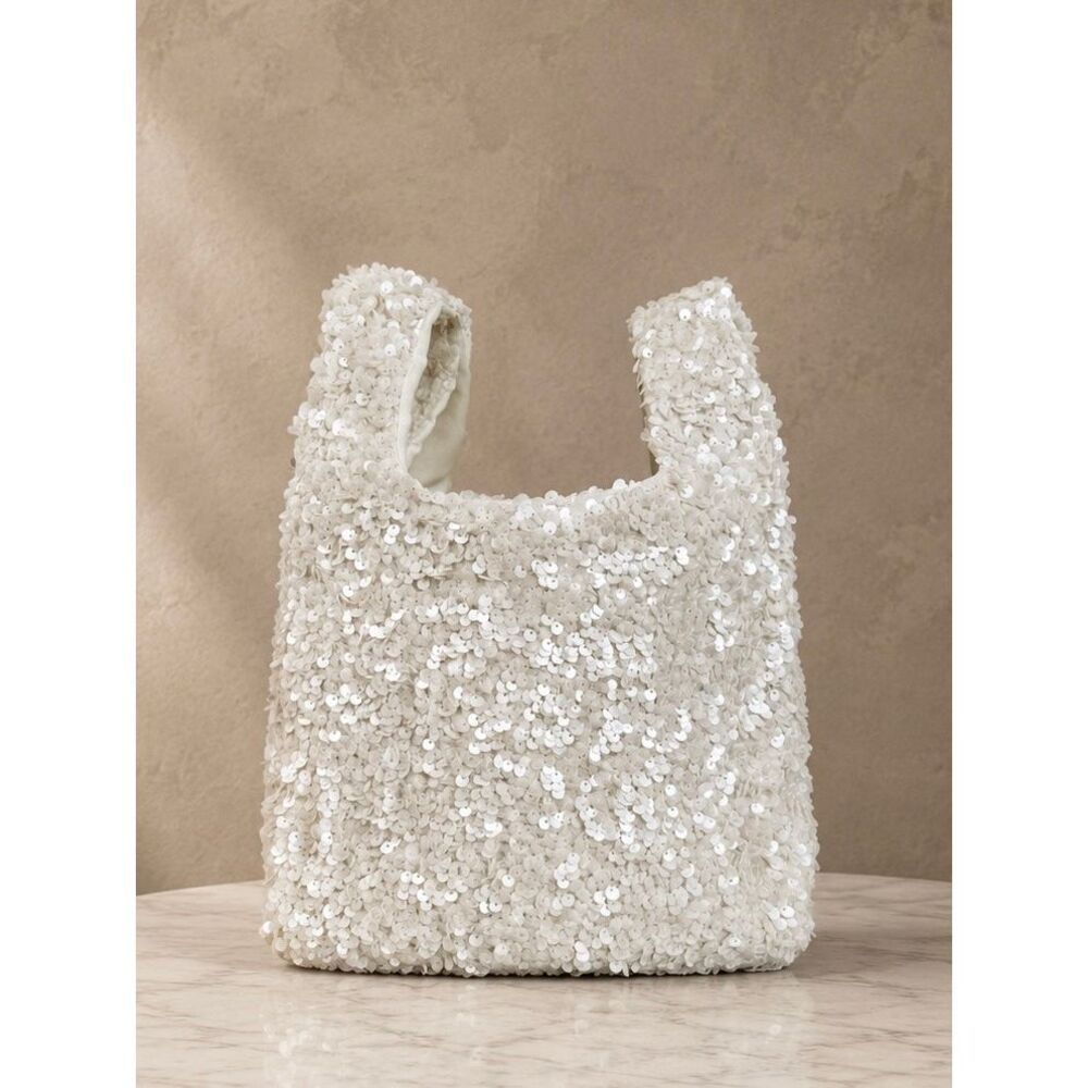 Anthropologie Paillette Sequin Mini Tote Bag White NWT - Picture 3 of 5